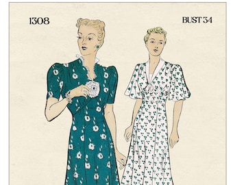 1930s Flutter or Puff Sleeve Tea Dress Ready Printed Pattern Bust 34