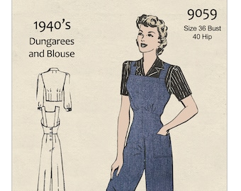 1940's Dungarees and Blouse -  Rosie the Riveter - PDF Print at Home Sewing Pattern