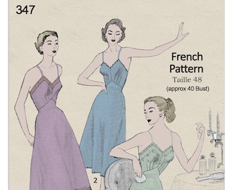 May include: Vintage sewing pattern for petticoats and panties. The pattern is for a French design, size 48 (approximately 40 inch bust). The pattern shows three women wearing different styles of petticoats and panties.