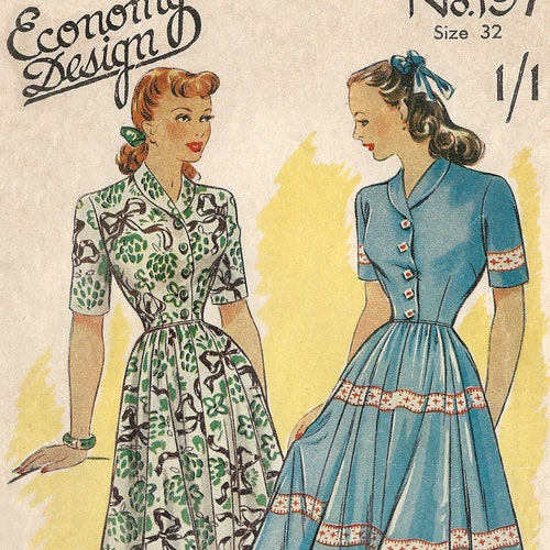 1940's Roll Collar Button Front Day Dress PDF Sewing - Etsy