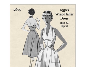1950s Wrap Halter Dress PDF Imprimer à la maison Patron de couture Buste 34