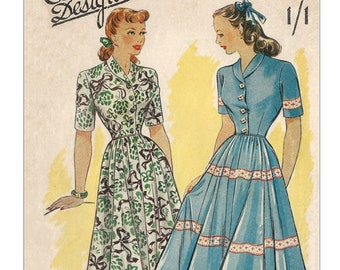 1940's Roll Collar Button Front Tea Dress PDF Sewing Pattern Bust 36