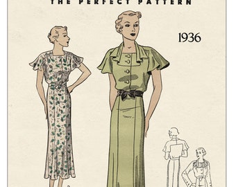 1930s Flutter Sleeve Tea Dress Ready Printed Pattern Bust 34