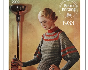 1930's Ladies Stylish Leg of Mutton Sleeve Jumper PDF Knitting Pattern Bust 34