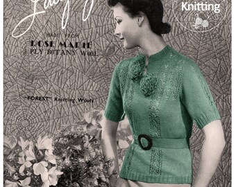 1930's Pretty Sweater with Flower Trims and Belt PDF Knitting Pattern Bust 34