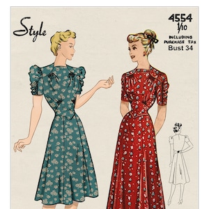 1940s Puff Sleeve Tea Dress Pattern Bust 34