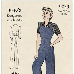 1940&#39;s Dungarees and Blouse -  Rosie the Riveter - PDF Print at Home Sewing Pattern