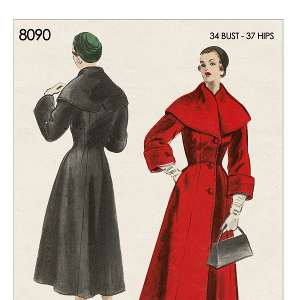 1950's Princess Coat with Large Collar PDF Sewing Pattern Bust 34