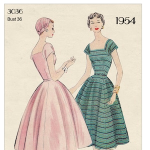 1950&#39;s Rockabilly Style Dress Vintage Sewing Pattern Bust 36 PDF Print at Home Pattern