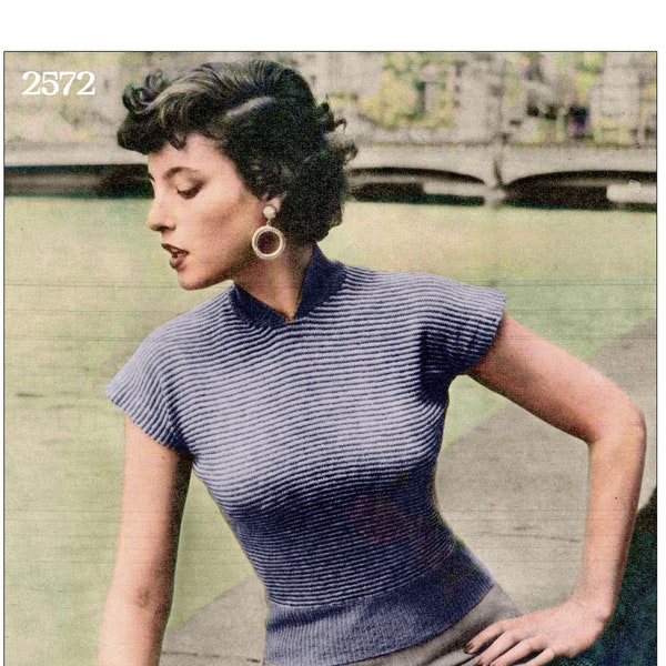 1950s Cap Sleeve Striped Jumper PDF Knitting Pattern Bust 34