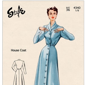 1940&#39;s House Coat PDF Sewing Pattern Bust 36