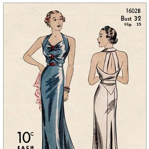 May include: A vintage sewing pattern for a long, sleeveless evening gown with a halter neckline. The pattern is for a size 32 bust and 35 hip. The pattern is illustrated with two women wearing the gown in different colours. The pattern is from Du Barry Guaranteed Patterns and costs 10 pence.