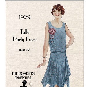 May include: A vintage 1929 Tulle Party Frock pattern for a dress with a 36 inch bust. The dress is blue with white polka dots and a pink rose embellishment. The pattern is from My Vintage Wish Patterns, Retro Sewing.