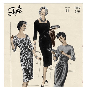 1950s Draped Cocktail/Day Dress Sewing Pattern, PDF Instant Download