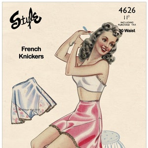 Puede incluir: Patrón de costura vintage para pantalones cortos franceses, con una mujer que lleva una falda de satén rosa con ribete de encaje. El patrón es para una cintura de 76 cm e incluye instrucciones para hacer la prenda.