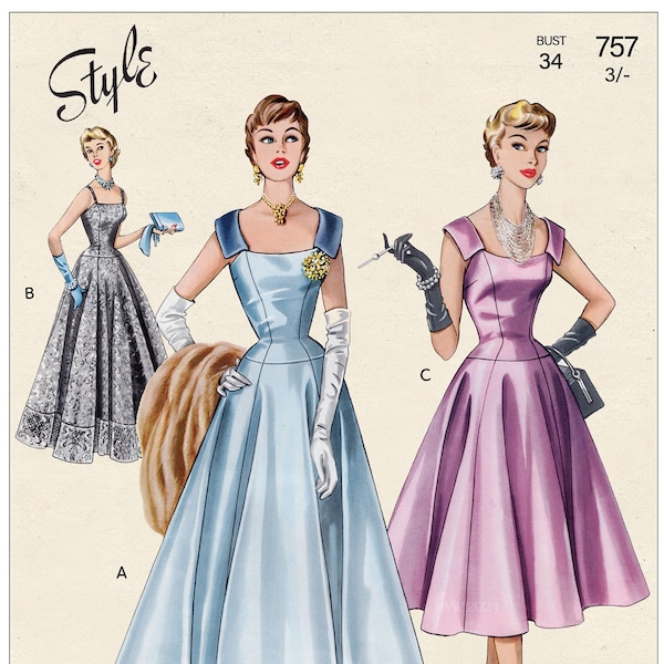 1950s Elegant Ball Gown in Two Lengths PDF Sewing Pattern Bust 34