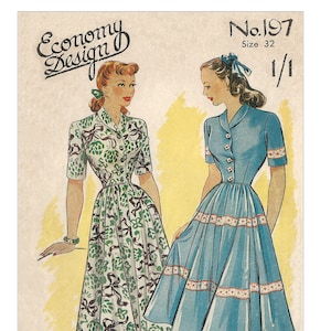 1940s Roll Collar Button Front Dress Ready Printed Sewing Pattern