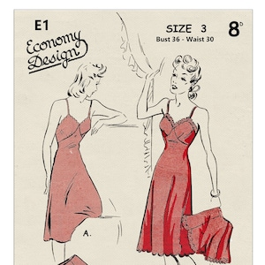 Puede incluir: Patrón de costura vintage para un conjunto de camisón y bragas. El patrón es para la talla 3, pecho 91 cm, cintura 76 cm. El patrón requiere 2,3 metros de tela de 91 cm de ancho. El patrón es de Economy Design.