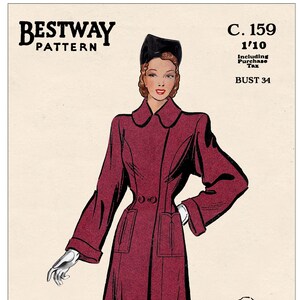 Peut inclure: Un patron de couture vintage pour un manteau rouge avec un grand col et des poches. Le patron est pour un tour de poitrine de 86 cm et est étiqueté "Bestway Pattern C. 159 1/10".
