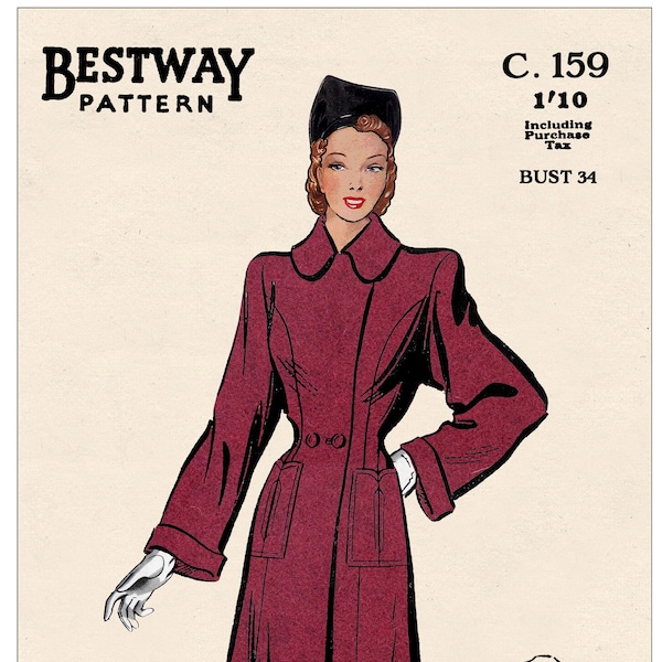 1940s Panelled Coat with Pockets PDF Sewing Pattern Bust 34