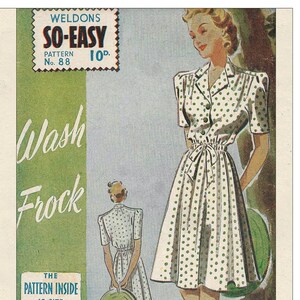 May include: Vintage sewing pattern for a white polka dot dress with green dots. The pattern is called "So-Easy" and is for sizes 32, 34, and 36 bust. The pattern is from Weldons and is 10p.