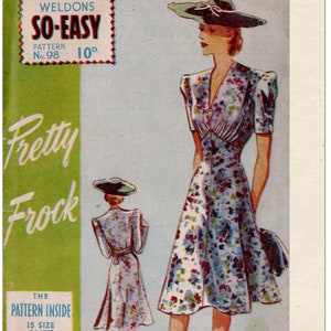 May include: Vintage sewing pattern for a floral print dress with a V-neckline and short sleeves. The pattern is called "So-Easy" and is size 36 bust. The pattern is from Weldons and is number 98.