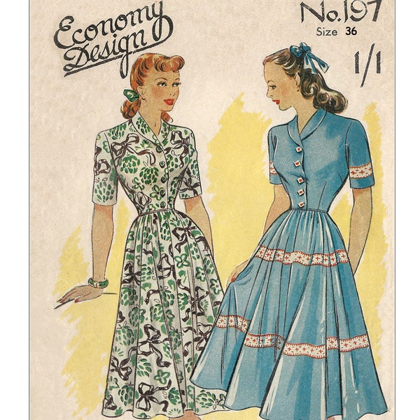 1940's Roll Collar Button Front Tea Dress PDF Sewing Pattern Bust 36