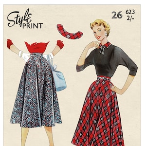 1950's Softly Flared Four Panel Skirt PDF Sewing Pattern Waist 26