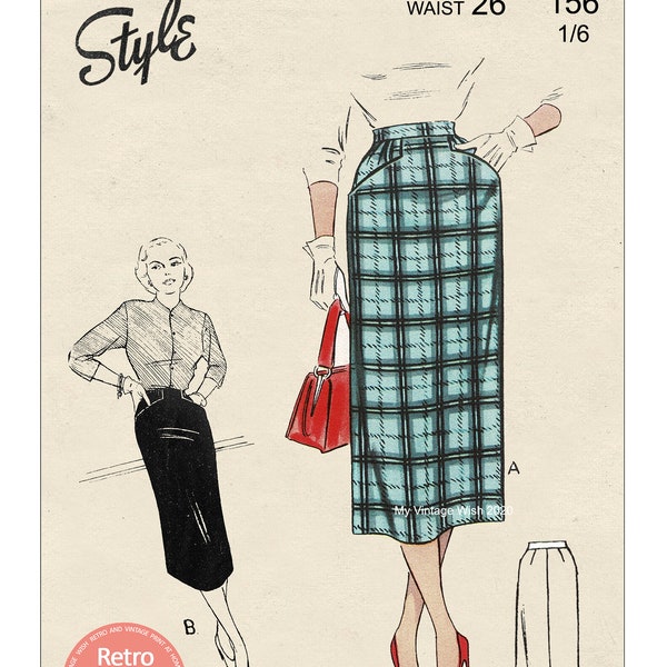 1950's Straight Skirt with Pockets PDF Sewing Pattern Waist 26 ins