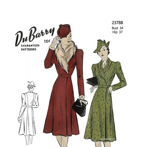 May include: Vintage sewing pattern for a coat with a fur collar. The pattern is for a size 34 bust and 37 hip. The pattern is from Du Barry Guaranteed Patterns and costs 15 cents.