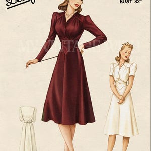 Patrón de costura de vestido de té de los años 40, talla 32 (PDF) / Vestido de día vintage de la época de la guerra