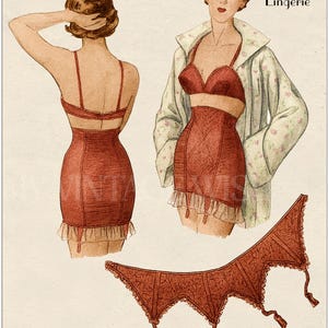 May include: Vintage illustration of 1953 French lingerie. The image features a red corset, bra, and garter belt set. The bust size is approximately 34-36 inches. The text reads "French Lingerie" and "French Pattern with French & English Instructions."