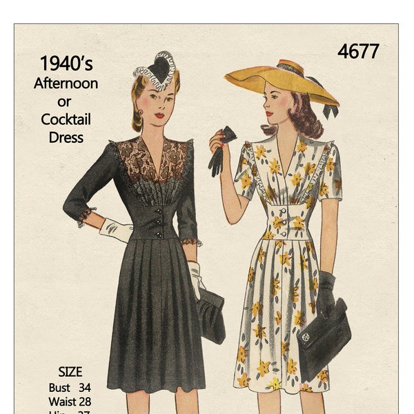 1940s Cocktail or Afternooon Dress Sewing Pattern -  PDF Instant Download