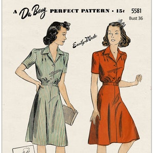 1940's Wartime Shirtwaist Dress PDF Sewing Pattern Bust 36