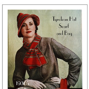 Pode incluir: Ilustração de um padrão de crochê vintage com uma mulher em um terno cinza, chapéu, cachecol e bolsa listrados em vermelho e cinza. O texto diz "Tyrolean Hat, Scarf and Bag" e "1930's Retro Crochet". O número do padrão é 1206.