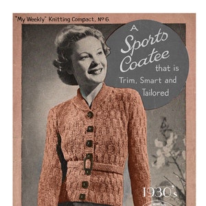 1930&#39;s Stylish Roll Collar Cardigan Knitting Pattern Bust 34-36