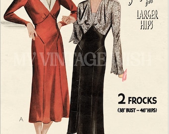 Modello di cucito per abito da pomeriggio elegante anni '30 in formato PDF, busto 38, stampa a casa
