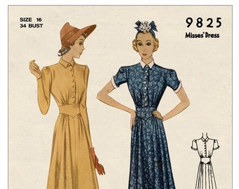 1930s Button Front Tea Dress PDF Sewing Pattern Bust 34