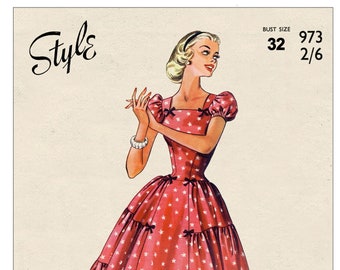 Jolie robe d'été à manches bouffantes des années 1950 PDF patron de couture buste 32