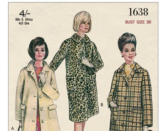 1960s Simple Classic Coat PDF Print Sewing Pattern Bust 36