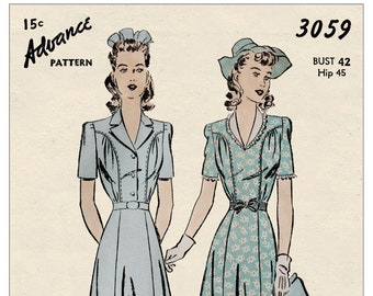 1940's Wartime Tea Dresses PDF Sewing Pattern Bust 42