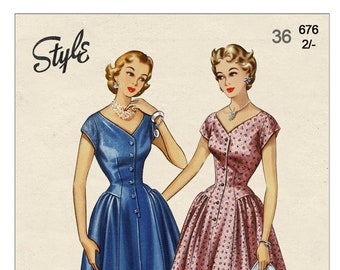1950s Cap Sleeve Drop Waist Dress PDF Sewing Pattern Bust 36