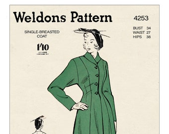 1940s Single Breasted Princess Coat PDF Sewing Pattern Bust 34