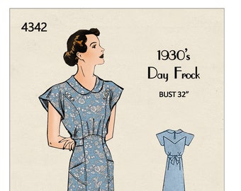 1930s Casual Tea Dress with Pockets PDF Sewing Pattern Bust 32