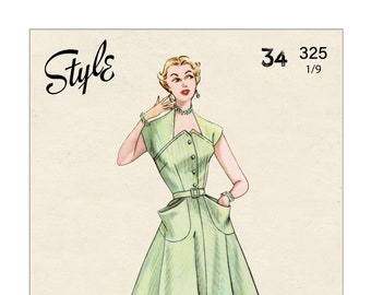 1950s Summer Dress with Slouch Pockets PDF Sewing Pattern Bust 34