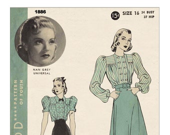 1930s Skirt and Blouse PDF Print at Home Pattern Bust 34