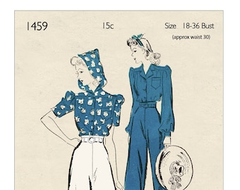 Blusa con capucha de la década de 1940 y pantalones Hepburn PDF Patrón de costura Cintura 30