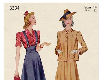 Blusa, falda con tirantes y chaqueta de la década de 1930 PDF Patrón de costura Busto 32