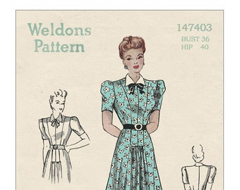 1940s Pussy Bow Collar Tea Dress PDF Pattern Bust 36