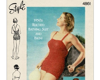 Traje de baño fruncido y bikini de la década de 1950 PDF Imprimir en casa Patrón de costura Busto 36-38